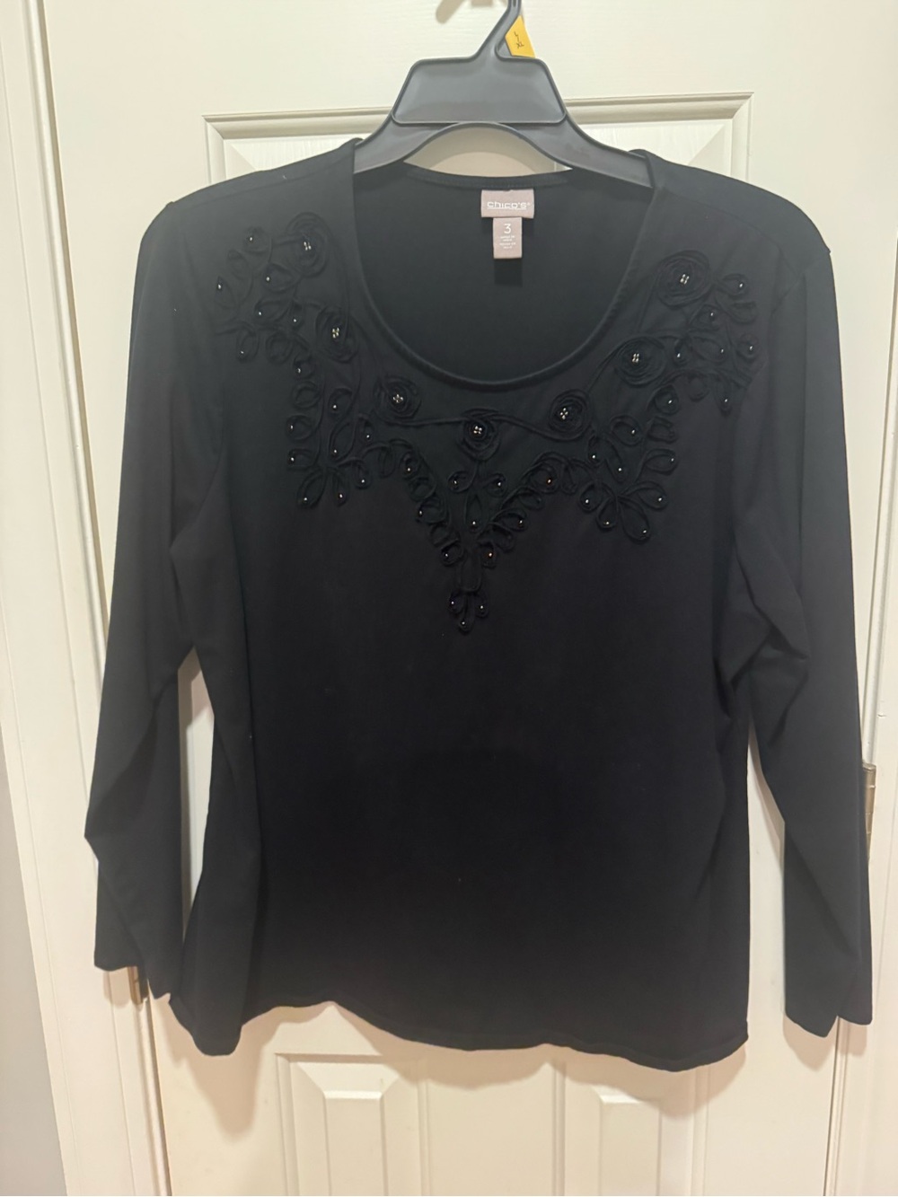 Chico's Black Long-Sleeve Scoop Neck Top with Bead & Appliqué Accents
